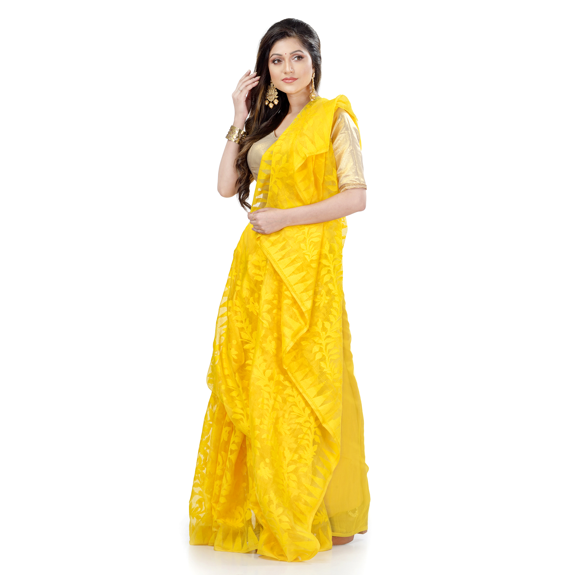 Desh Bidesh Women`s Traditional Bengal Handloom Tant Dhakai Jamdani Cotton Saree Whole Body Design(Yellow)